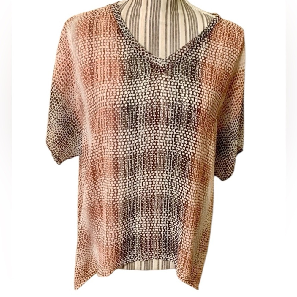 CAbi Blouse Small Sheer White Brown Rust Animal Print Snakeskin V-Neck Near New
